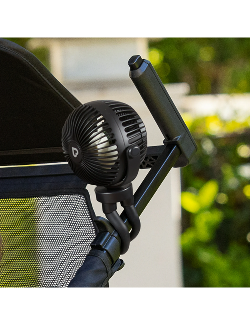Multi-Use Rechargeable Stroller Fan, 4 Speeds, LED Lights and Flexible Legs, Black