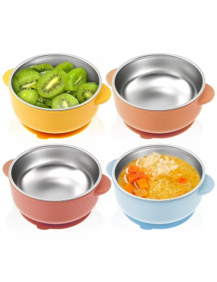 4 Pcs 304 Stainless Steel Baby Bowls with Removable Silicone Sleeve Non Slip Toddler Suction Bowls Snack Containers for Toddlers Kids Feeding