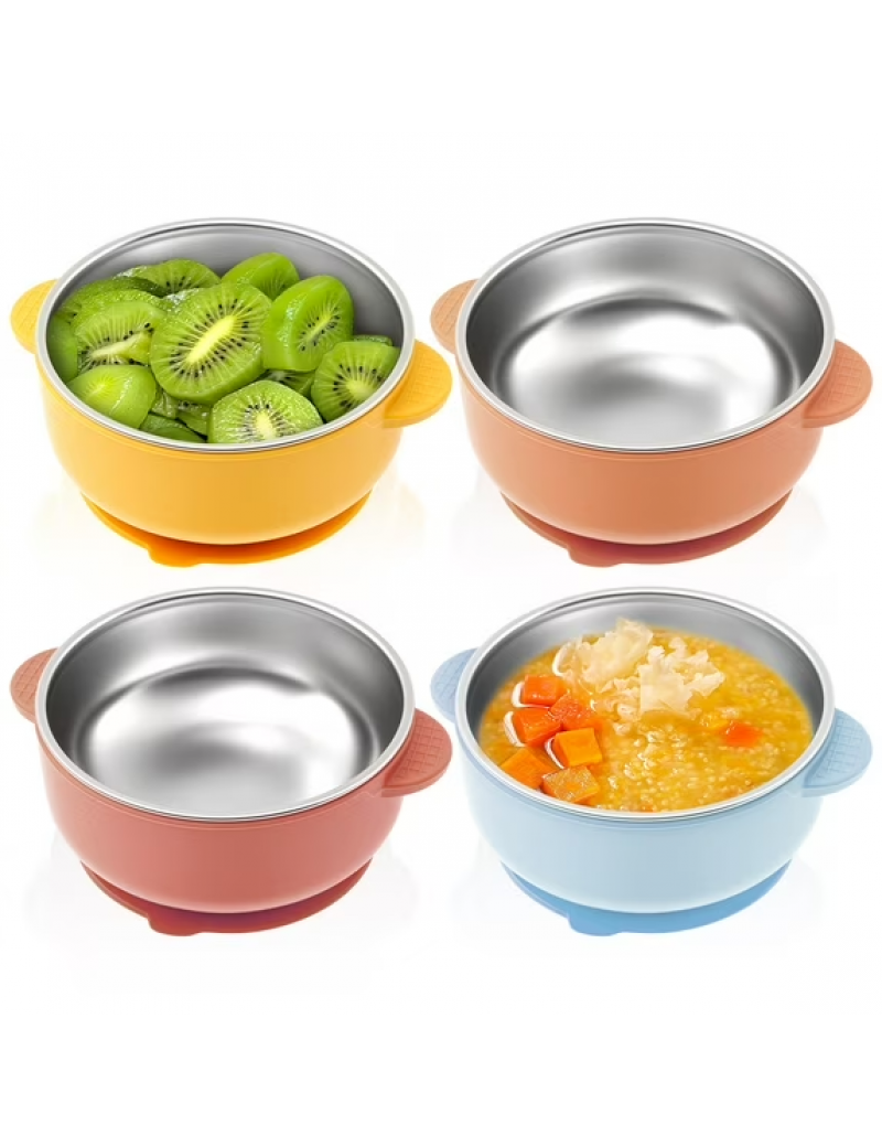 4 Pcs 304 Stainless Steel Baby Bowls with Removable Silicone Sleeve Non Slip Toddler Suction Bowls Snack Containers for Toddlers Kids Feeding