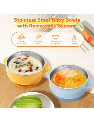 4 Pcs 304 Stainless Steel Baby Bowls with Removable Silicone Sleeve Non Slip Toddler Suction Bowls Snack Containers for Toddlers Kids Feeding