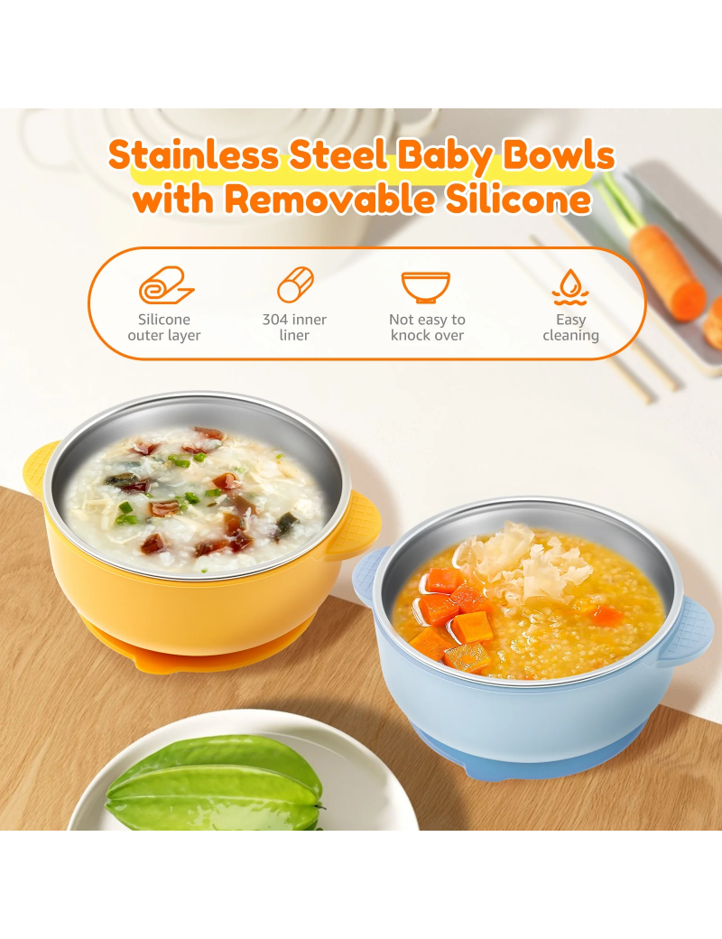 4 Pcs 304 Stainless Steel Baby Bowls with Removable Silicone Sleeve Non Slip Toddler Suction Bowls Snack Containers for Toddlers Kids Feeding